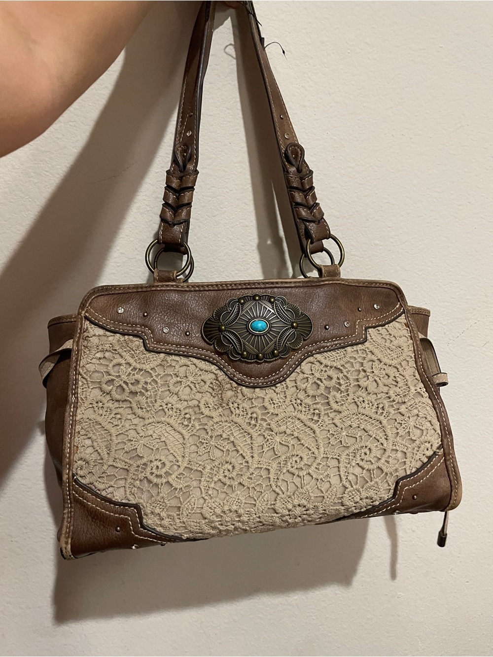 Justin Boots Brown & Cream Lace Satchel with Turquoise Concho